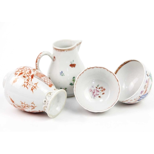 246 - Nine Chinese famille rose porcelain items, 18th century. To include four dishes, two cups, a tea bow... 