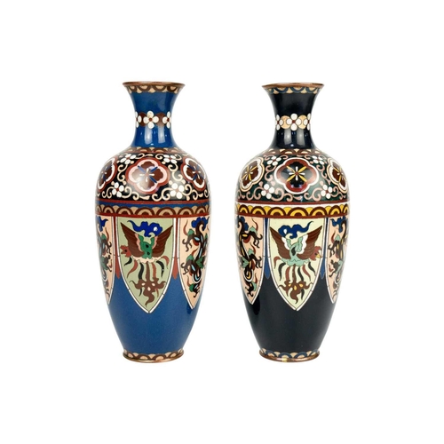 254 - A pair of Japanese cloisonne vases, Meiji period. Height 25.5cm, width 9.5cm. (2) There are no dents... 