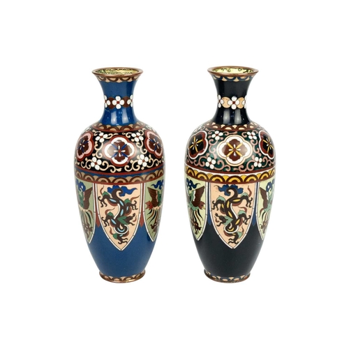 254 - A pair of Japanese cloisonne vases, Meiji period. Height 25.5cm, width 9.5cm. (2) There are no dents... 