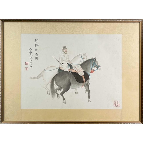 267 - A Chinese watercolour 'Groom and Two Horses', by Chaw-i-Chou. (1920). Dated to reverse 1977, framed,... 