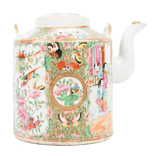 276 - A Chinese Canton porcelain teapot, 19th century. Height 17cm, width 18cm, diameter of body 13cm and ... 