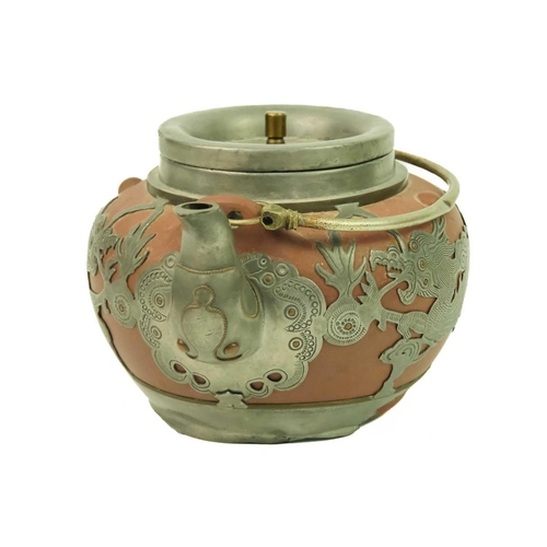 278 - A Chinese Yixing pottery teapot, early 20th century. With pewter mounts, character marks to cover, s... 