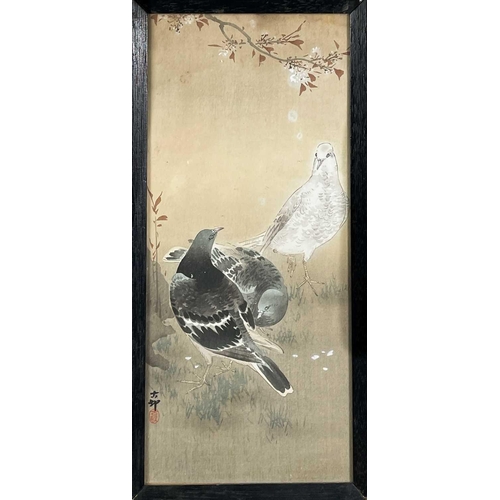 287 - Ohara Koson/Shoson. Pigeons. (1877-1945) Watercolour, 37 x 17.5cm. From the collection of Pat Johnst... 