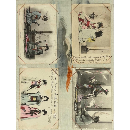 289 - A Japanese black lacquered and silk lined postcard album, early 20th century. Containing seventy-two... 