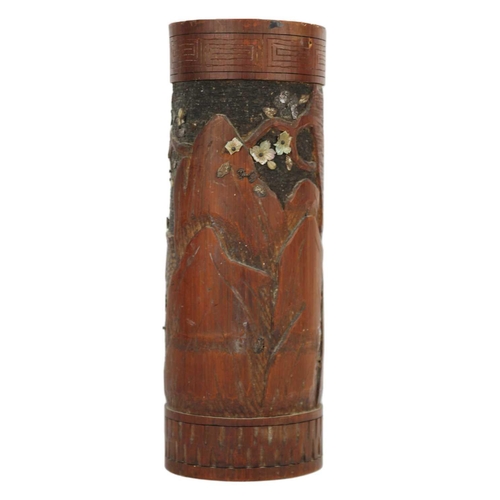 292 - A Japanese bamboo brush pot, Meiji period. With a figure in a landscape, with mother-of-pearl and bo... 