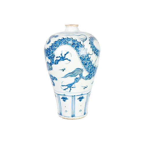 301 - A Chinese blue and white porcelain meiping, 20th century, in Yuan style, painted with a dragon among... 