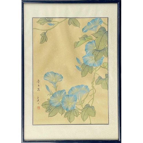 303 - Two Japanese silk floral paintings, 20th century Each with calligraphy and red seal, 33.5 x 26.5cm. ... 