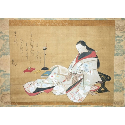 317 - A Japanese painted scroll depicting a geisha reading, 19th century. 106 x 47.5cm.