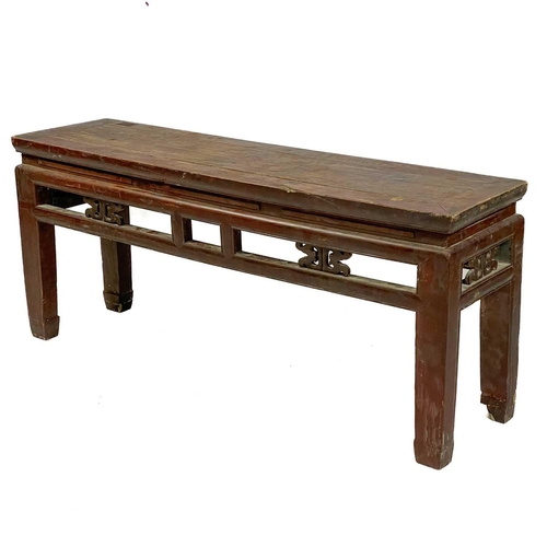 322 - Two similar Chinese hardwood centre tables Height 49.5cm, length 108cm, width 30cm and height 48.5cm... 