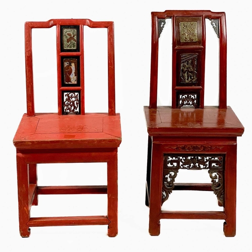 324 - Four Chinese red stained and lacquered side chairs, mid 20th century. Each with a carved splat above... 