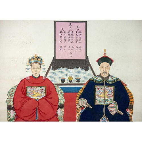 33 - A Chinese double ancestor portrait scroll painting, early 20th century. 215.5 x 105.5cm, image size ... 