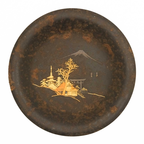 335 - A Japanese gold and silver inlaid metal dish, early 20th century. Signed on verso, diameter 9.5cm an... 