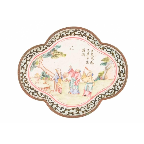 342 - A Chinese Canton enamel lobed dish, Qing Dynasty, late 18th century. Depicting figures in a landscap... 