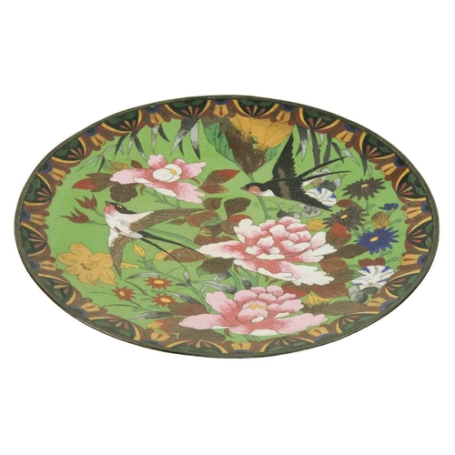 356 - A Japanese cloisonne dish, late Meiji period. The green ground with birds amongst foilage, diameter ... 