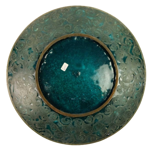 356 - A Japanese cloisonne dish, late Meiji period. The green ground with birds amongst foilage, diameter ... 