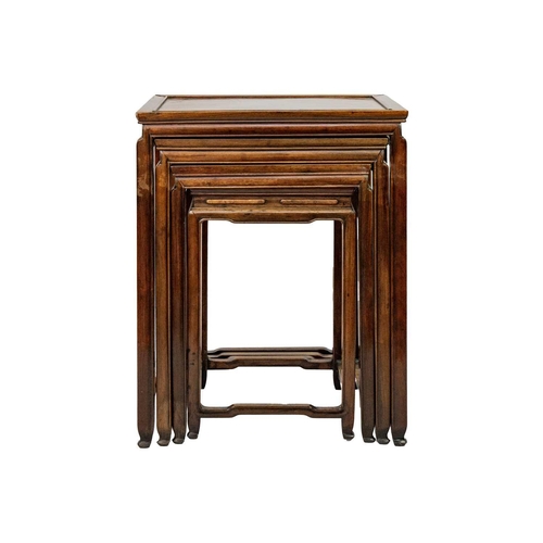 360 - A Chinese hardwood quartetto of tables, early 20th century. With burl wood rectangular tops on legs ... 