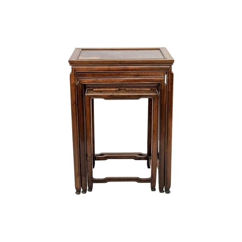 360 - A Chinese hardwood quartetto of tables, early 20th century. With burl wood rectangular tops on legs ... 