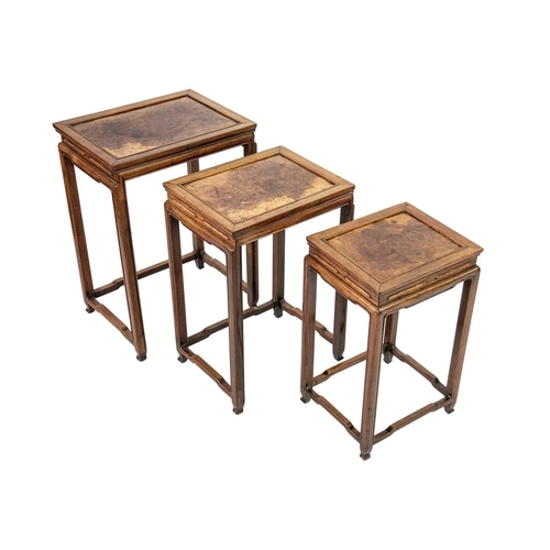 360 - A Chinese hardwood quartetto of tables, early 20th century. With burl wood rectangular tops on legs ... 