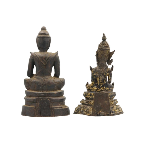 363 - A Thai gilt bronze Buddha, 19th century. Height 16.5cm, width 10cm, depth 4.5cm and a carved wood Bu... 