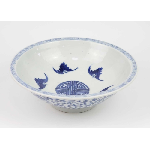 365 - A Chinese blue and white porcelain bowl, 19th century. The interior with central shou symbol surroun... 