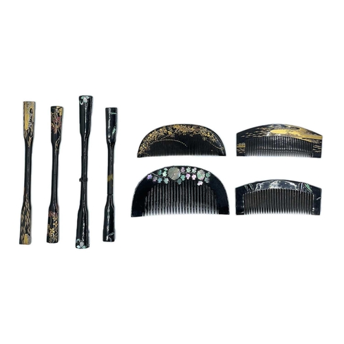 402 - A Japanese black lacquer & mother-of-pearl comb & kogai, circa 1930's. Comb 10cm, kogai 16cm; a Japa... 