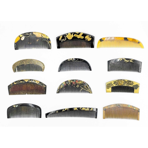 420 - A Japanese wood comb, Meiji period, signed. With mother-of-pearl and gold wire inlay, 3.8 x 9.2cm; a... 
