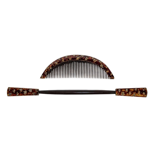 438 - Six Japanese cased comb and kogai sets. A Japanese black lacquer & mother-of-pearl comb and matching... 