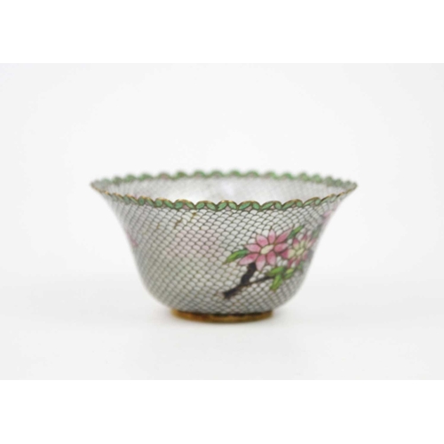 443 - A Chinese plique-a-jour transparency enamel bowl, 20th century. With carved ebonised stand, in origi... 