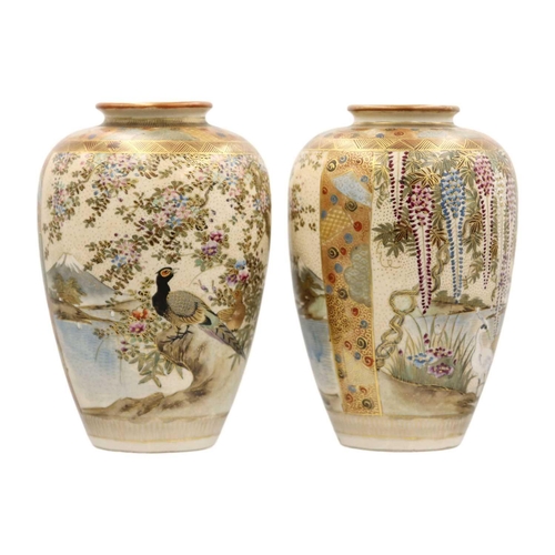 445 - A pair of Japanese Satsuma vases, Meiji period. Each signed to base, height 16.5cm, width 11cm. (2)