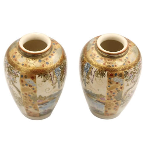 445 - A pair of Japanese Satsuma vases, Meiji period. Each signed to base, height 16.5cm, width 11cm. (2)