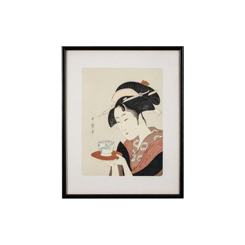 458 - Three Japanese woodblock prints, 20th century. Each depicting a Geisha girl, image size 23.5 x 17.5c... 