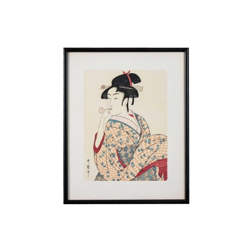 458 - Three Japanese woodblock prints, 20th century. Each depicting a Geisha girl, image size 23.5 x 17.5c... 