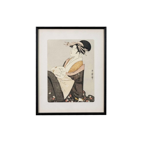 458 - Three Japanese woodblock prints, 20th century. Each depicting a Geisha girl, image size 23.5 x 17.5c... 