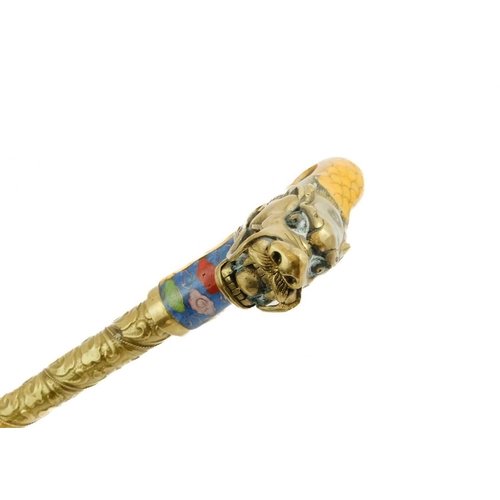 460 - A Chinese cloisonne & brass walking cane handle, early 20th century. In the form of a dragon, mounte... 