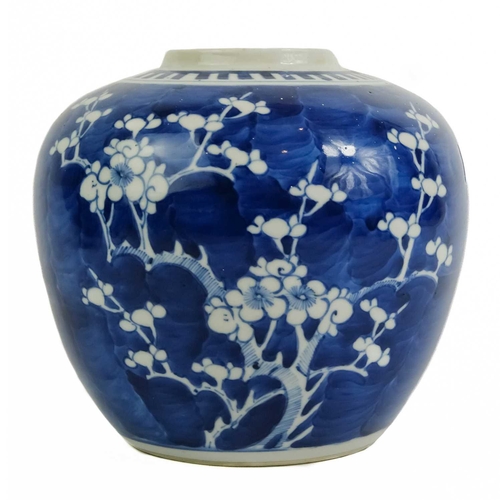 467 - Two Chinese blue and white prunus blossom pattern ginger jars, late 19th century. Largest height 16c... 