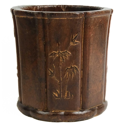 470 - A Chinese hardwood bitong (brush pot), 19th century. .The circular body with eight panels decorated ... 