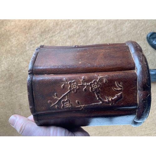 470 - A Chinese hardwood bitong (brush pot), 19th century. .The circular body with eight panels decorated ... 