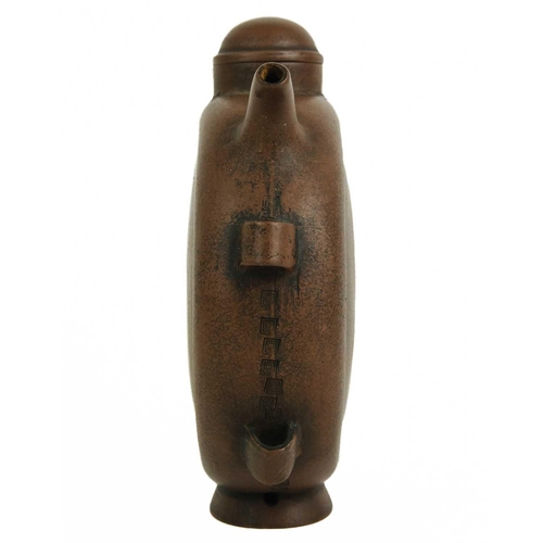 476 - A Chinese Yixing pottery flask, early 20th century. With central shou symbol to each side, seal mark... 