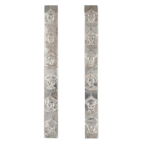 630 - A pair of Contemporary Chinese metal scroll weights. Decorated in relief with portraits, stamped on ... 