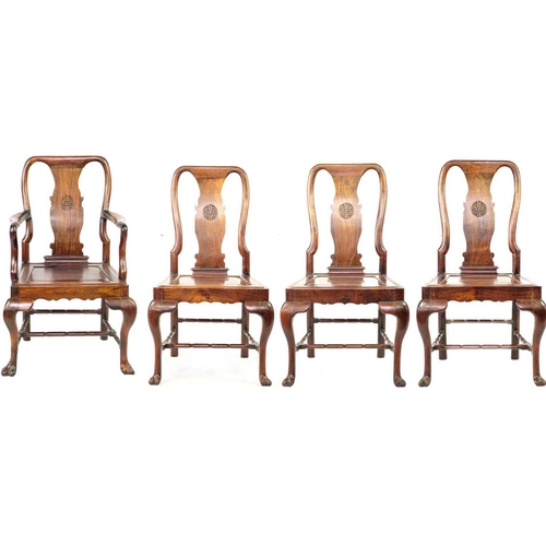 654 - A set of four Chinese export dining chairs, late 19th century. Including one carver, each with a sol... 