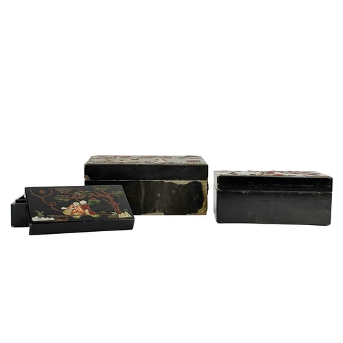 675 - Three Chinese black lacquer stacking boxes, early 20th century. Applied with hardstones, bone and mo... 