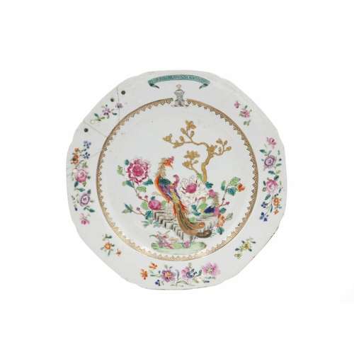 68 - A pair of Chinese famille rose octagonal porcelain plates, 18th century. Inscribed 'Turris Prudentia... 