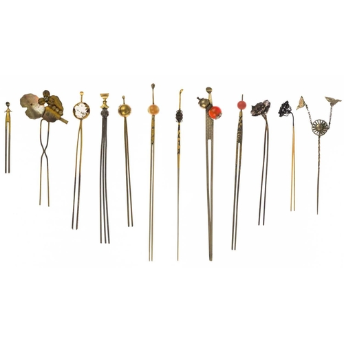 680 - Twelve various Japanese metal and hardstone kanzashi, 19th/20th century. Largest length 17cm. (12) F... 