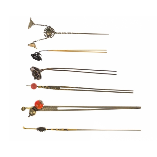 680 - Twelve various Japanese metal and hardstone kanzashi, 19th/20th century. Largest length 17cm. (12) F... 