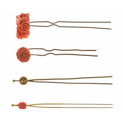 682 - Twelve various Japanese metal, coral and hardstone kanzashi, 19th/20th century. Largest length 17.4c... 