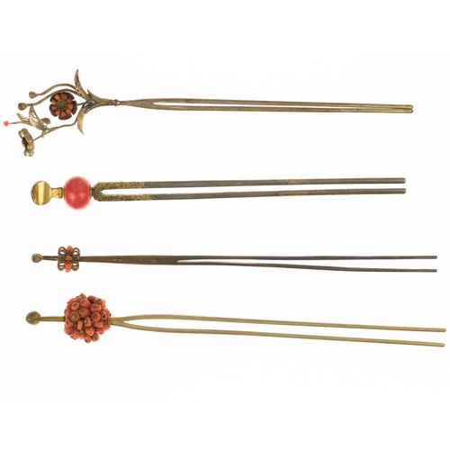 682 - Twelve various Japanese metal, coral and hardstone kanzashi, 19th/20th century. Largest length 17.4c... 