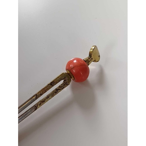 682 - Twelve various Japanese metal, coral and hardstone kanzashi, 19th/20th century. Largest length 17.4c... 