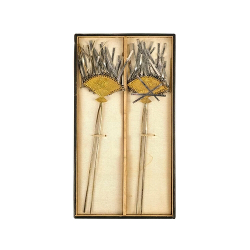 684 - A pair of Japanese gilt metal kanzashi, Case length 22.5cm; a Japanese velvet cased black lacquer co... 