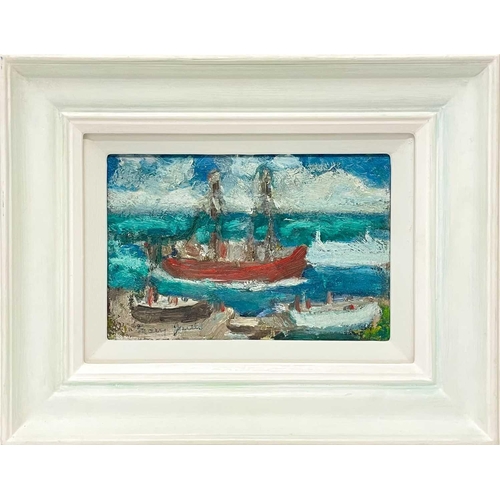 11 - Mary JEWELS (1886-1977) Newlyn Trawler, 1963 Oil on canvas, signed, further signed, inscribed and da... 