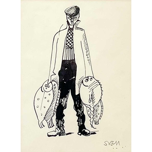 126 - Sven BERLIN (1911-1999) The Fish Seller Pen and ink on paper Signed 24cm x 17cm